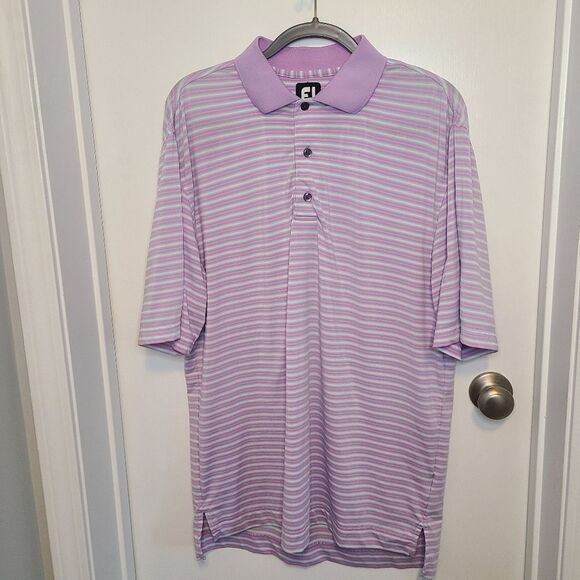 Foot Joy Men's Polo Size Medium Purple Blue White Stripe Golf Tech Comfort - Picture 1 of 15